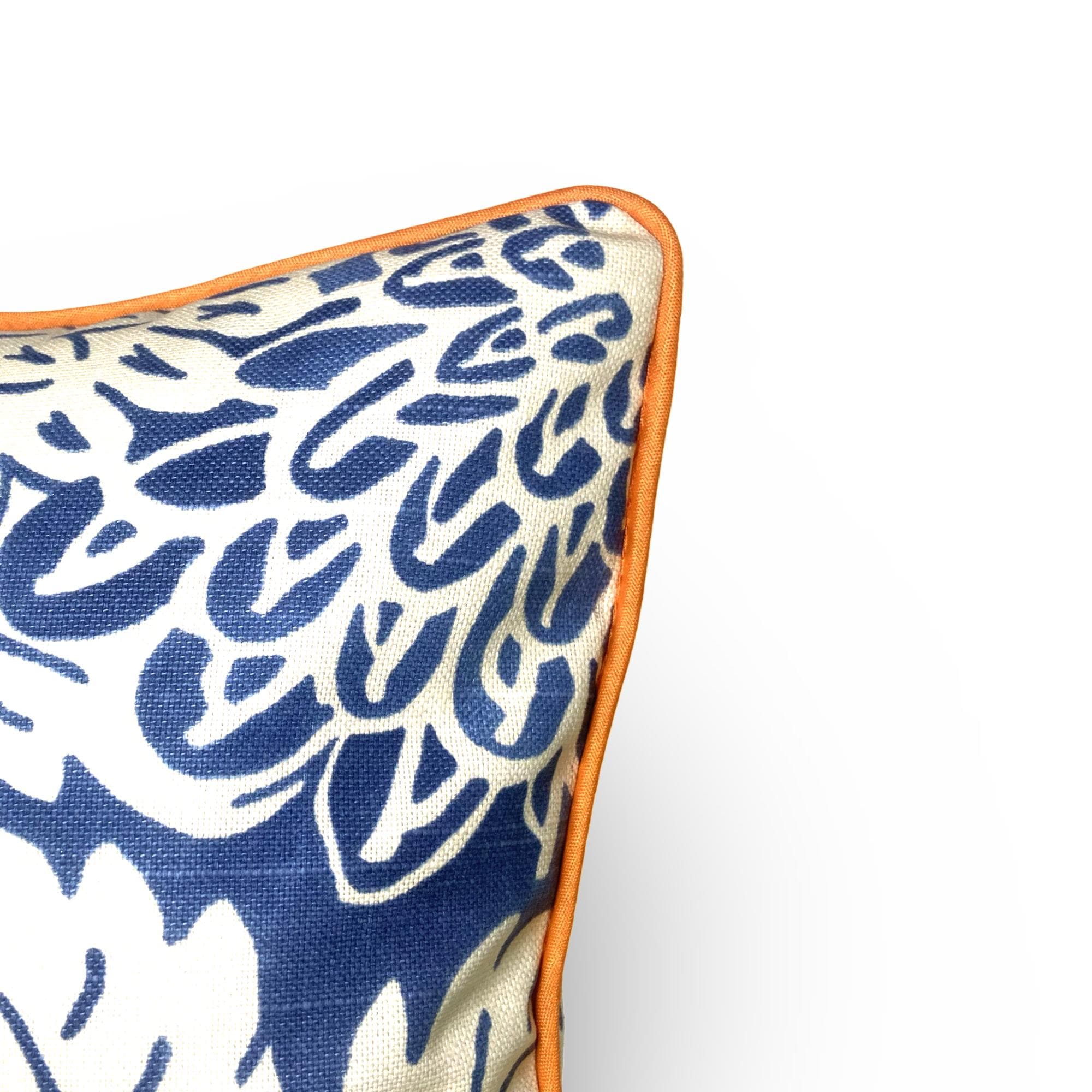 Blue Floral Print Kidney Pillow: Kravet Cotton, Orange Cord Trim