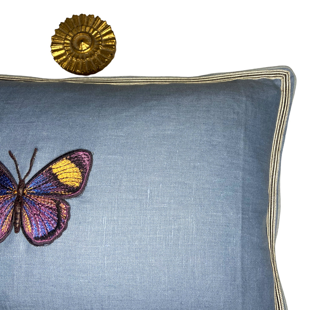 Butterfly Aqua Blue Green Embroidered  Linen Pillow - Embroidery Pillow