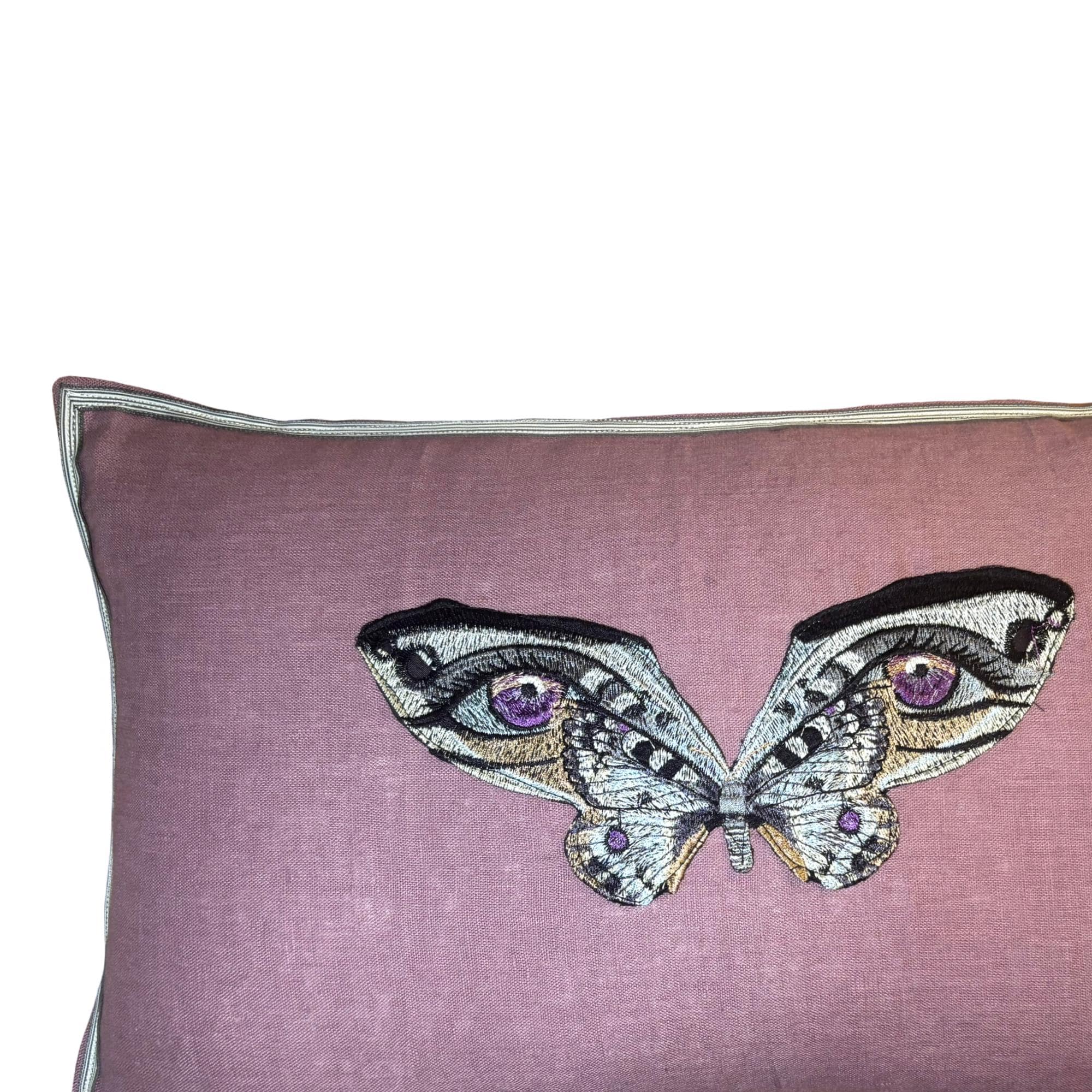 Butterfly Lavender Purple and Grey Embroidered  Linen Pillow - Embroidery Pillow