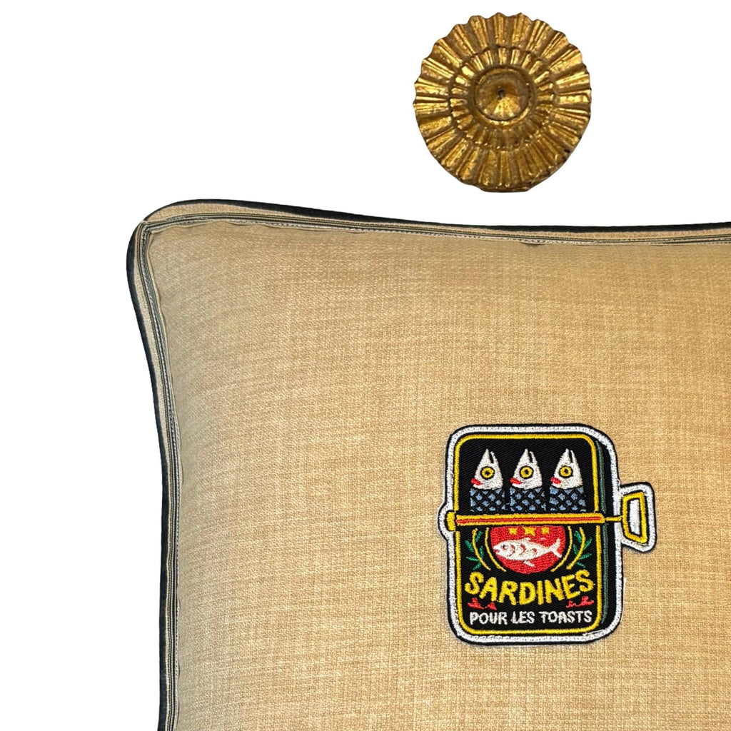Natural Burlap like canned sardine fish Embroidery Pillow: Fish Decorative Cushion