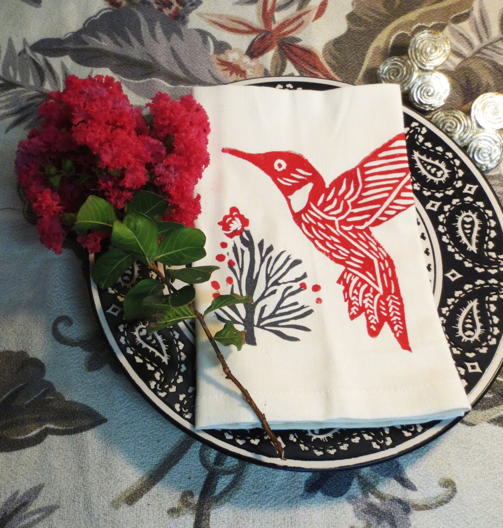Hand Printed Hummingbird Cotton Napkins - Set of Four