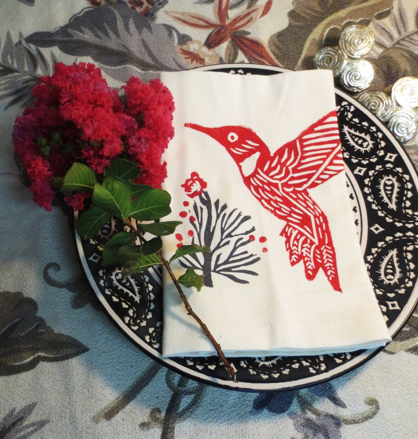 Hand Printed Hummingbird Cotton Napkins - Set of Four