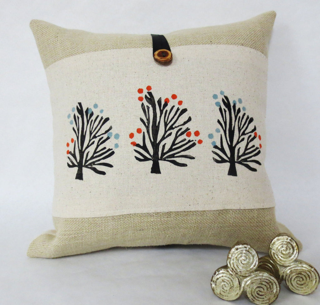 Hand Block Printed Tree Pillow Cover: Orange Blossom Burlap Accent
