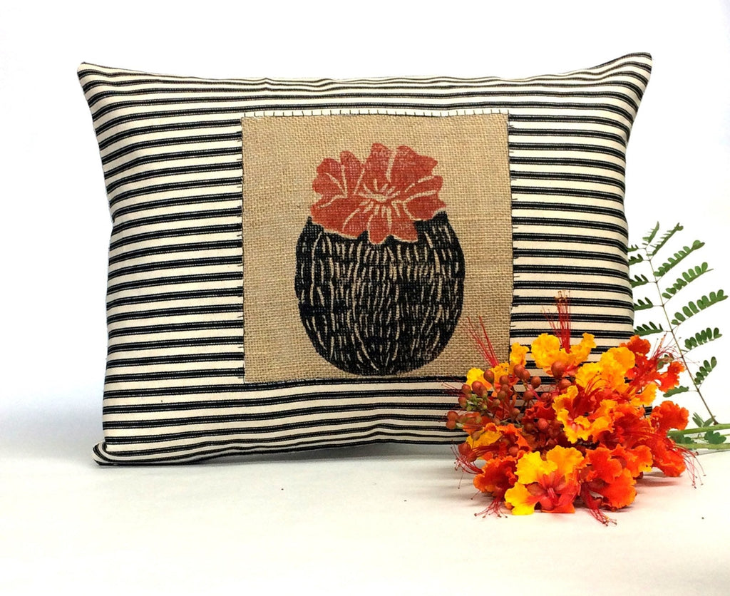 Hand Printed Barrel Cactus Pillow: Striped Cotton & Burlap