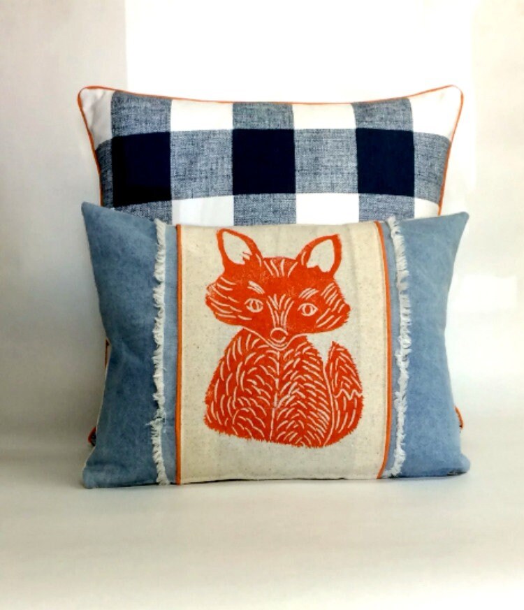 Fox Print Denim Pillow: Hand Carved Woodland Nursery Decor