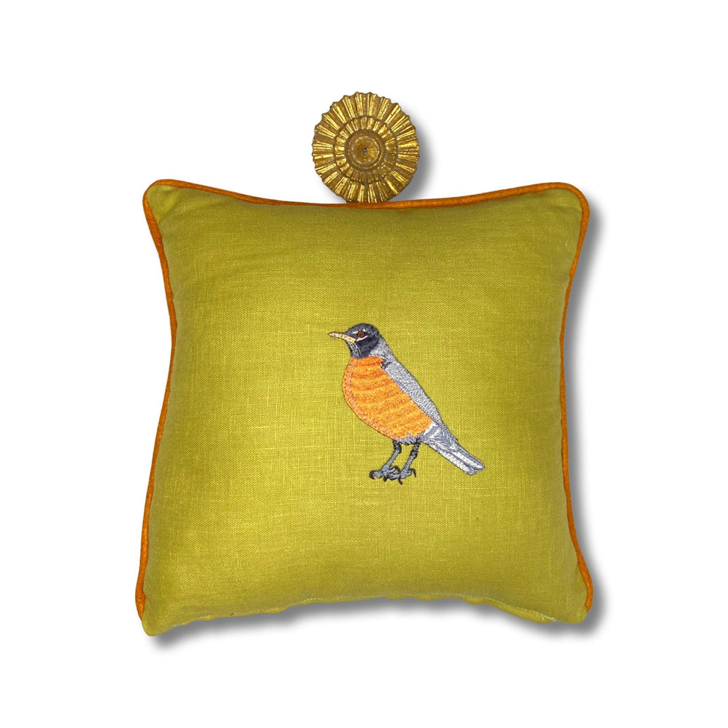 Embroidered Robin Bird Linen Pillow: Slate Blue & Orange Accent