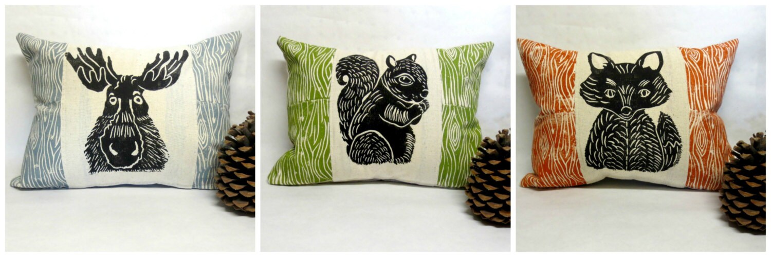 Squirrel Print Pillow: Woodland Wood Grain Design