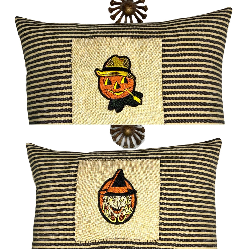 Halloween Pumpkin Lumbar Pillow: Embroidered Burlap, Striped Accent