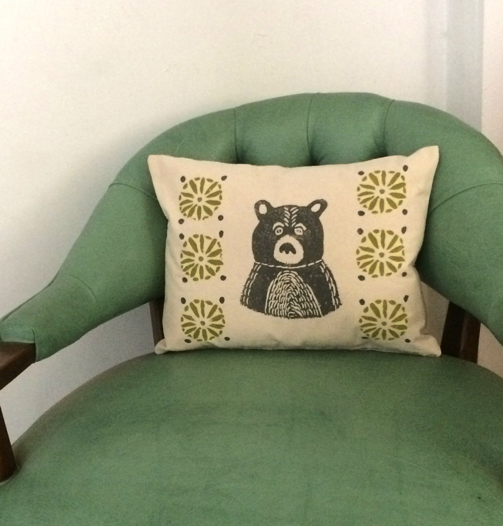 Mid-Century Bear Print Pillow: Grey Bear, Citrine Green Geometric Design