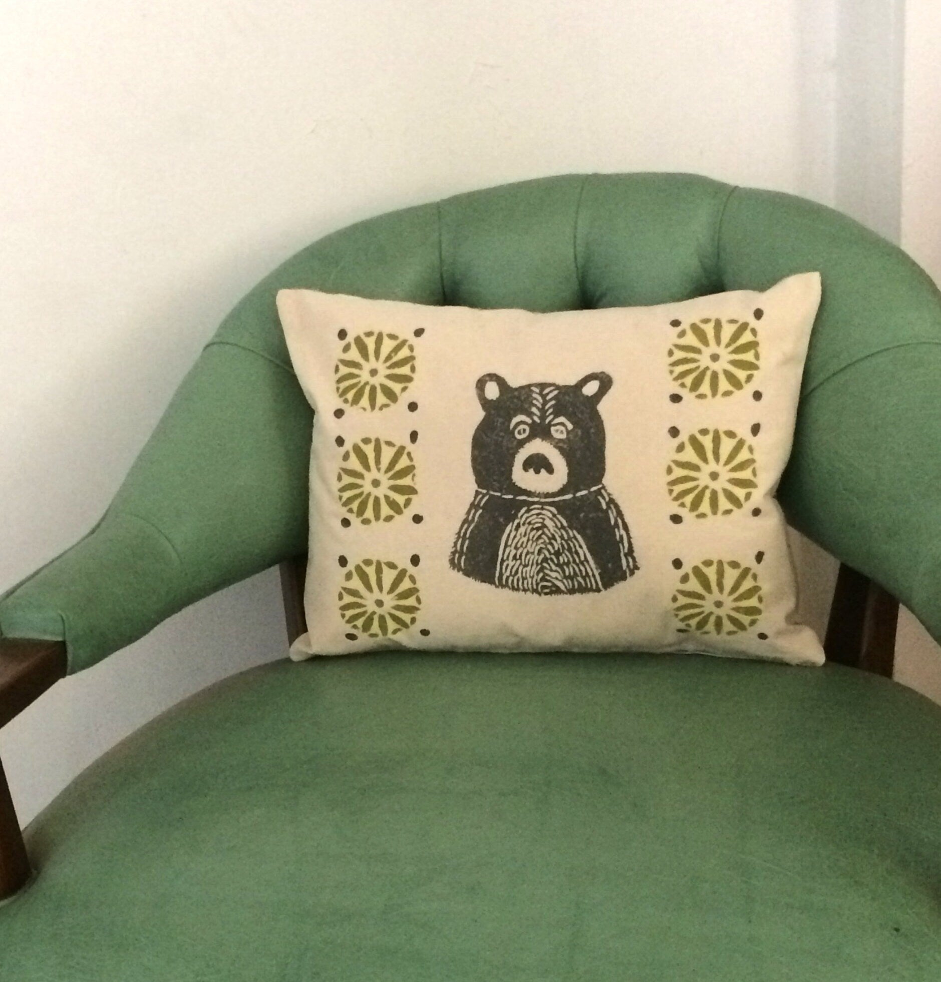 Mid-Century Bear Print Pillow: Grey Bear, Citrine Green Geometric Design