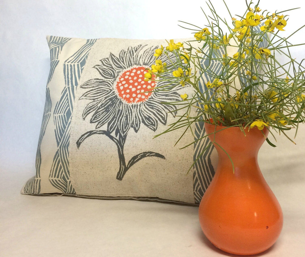 Hand Block Printed Sunflower Pillow: Geometric Accent Cushion