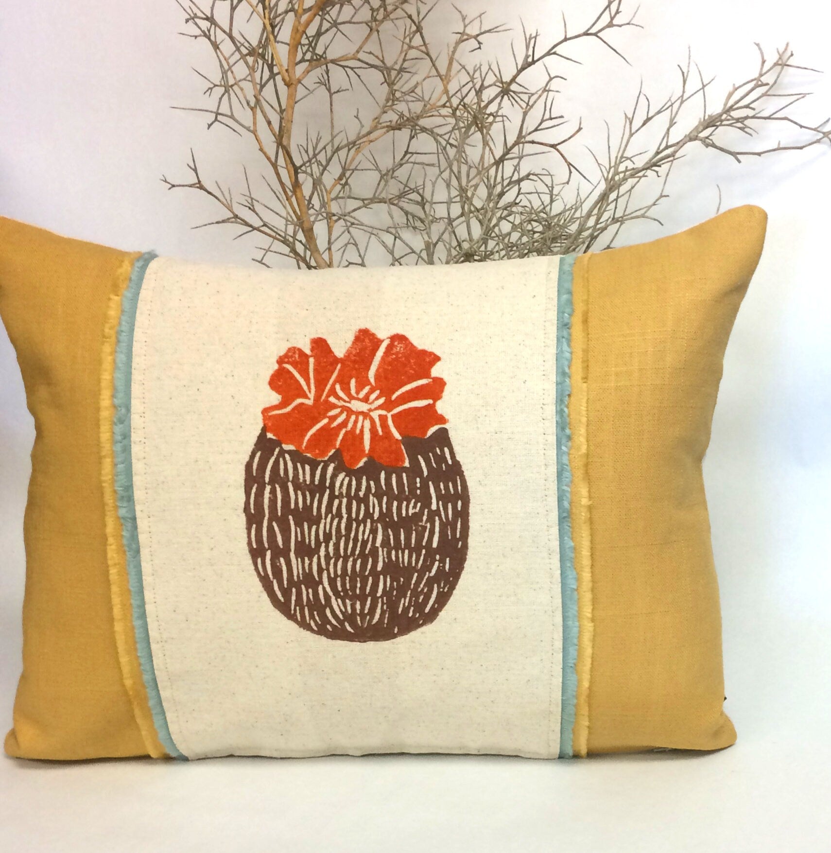 Hand Printed Cactus Pillow: Mustard Yellow Linen with Fringe Trim