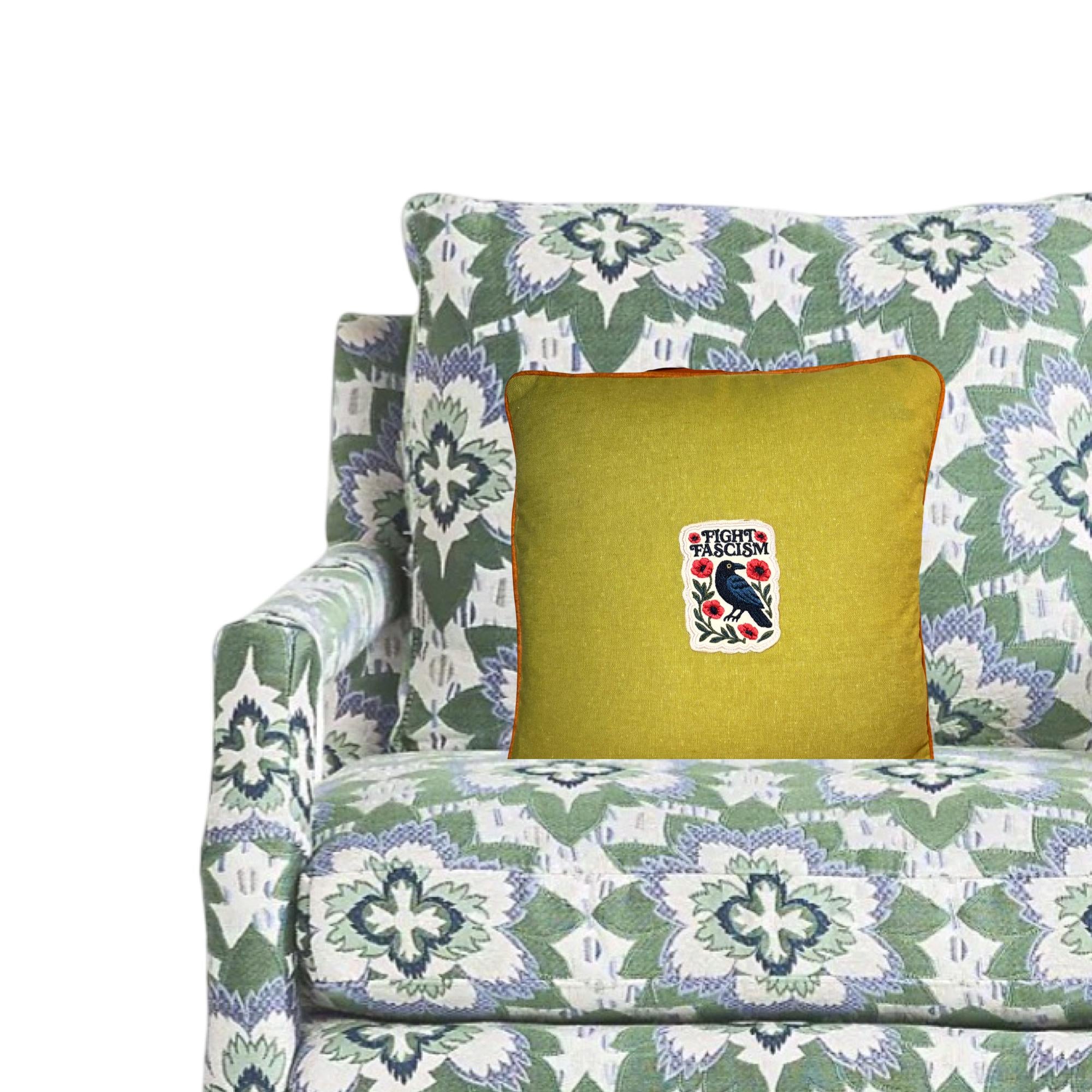 Fight Fascism Raven Embroidery Pillow
