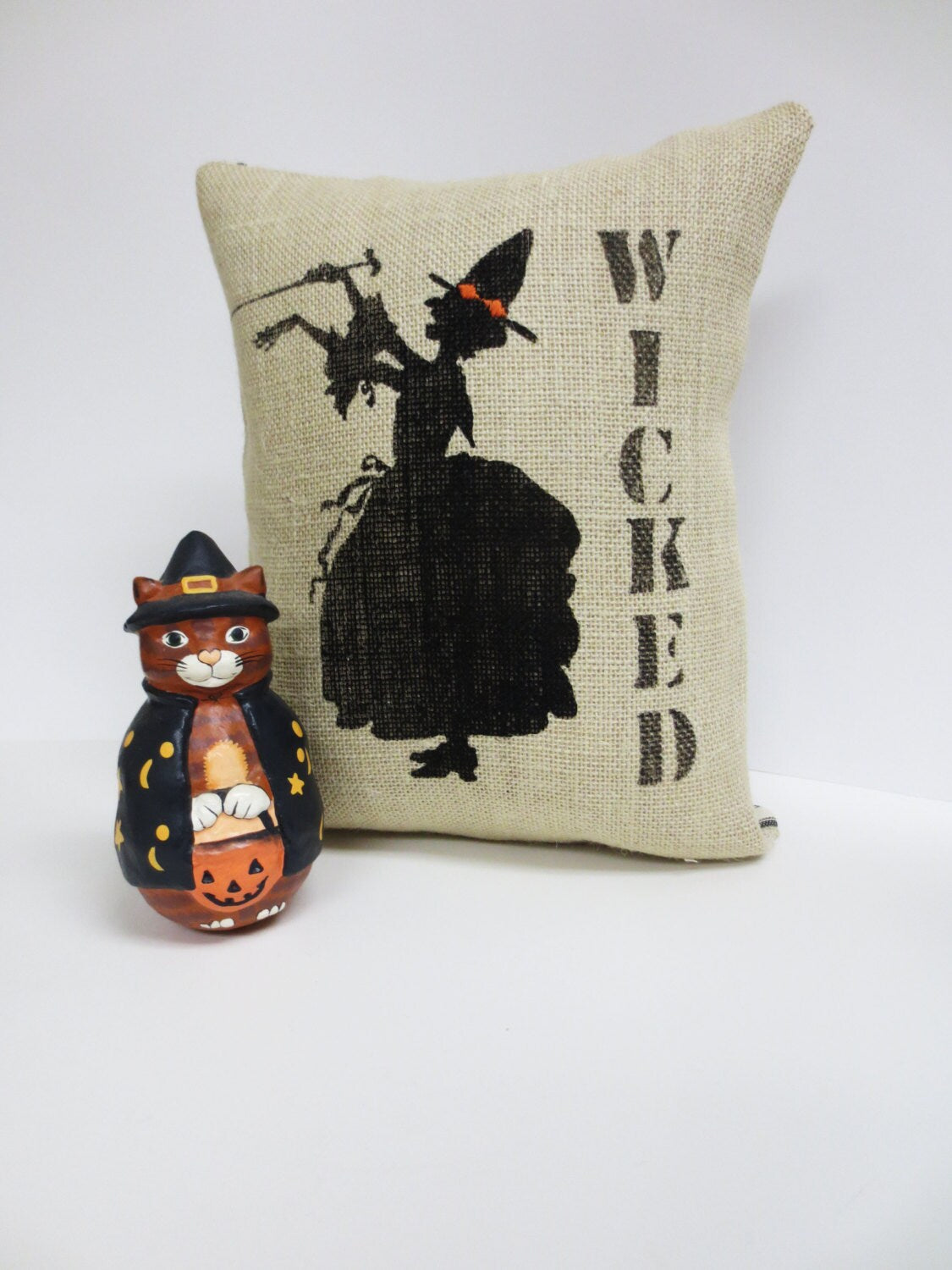 Halloween Witch Burlap Pillow: Felt Silhouette Throw Cushion