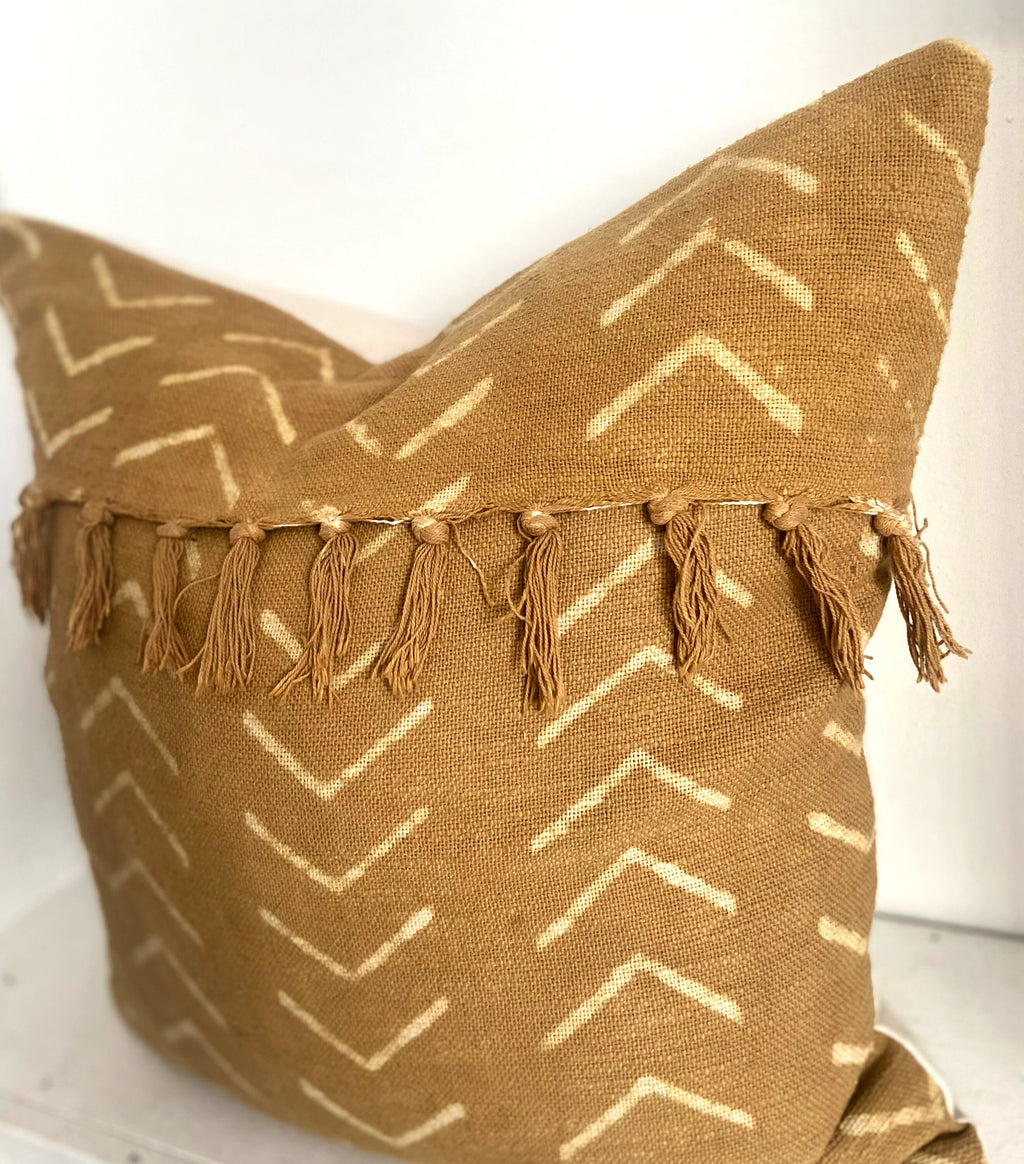 African Mudcloth Pillow Cover: Mustard Gold Cotton with Fringe