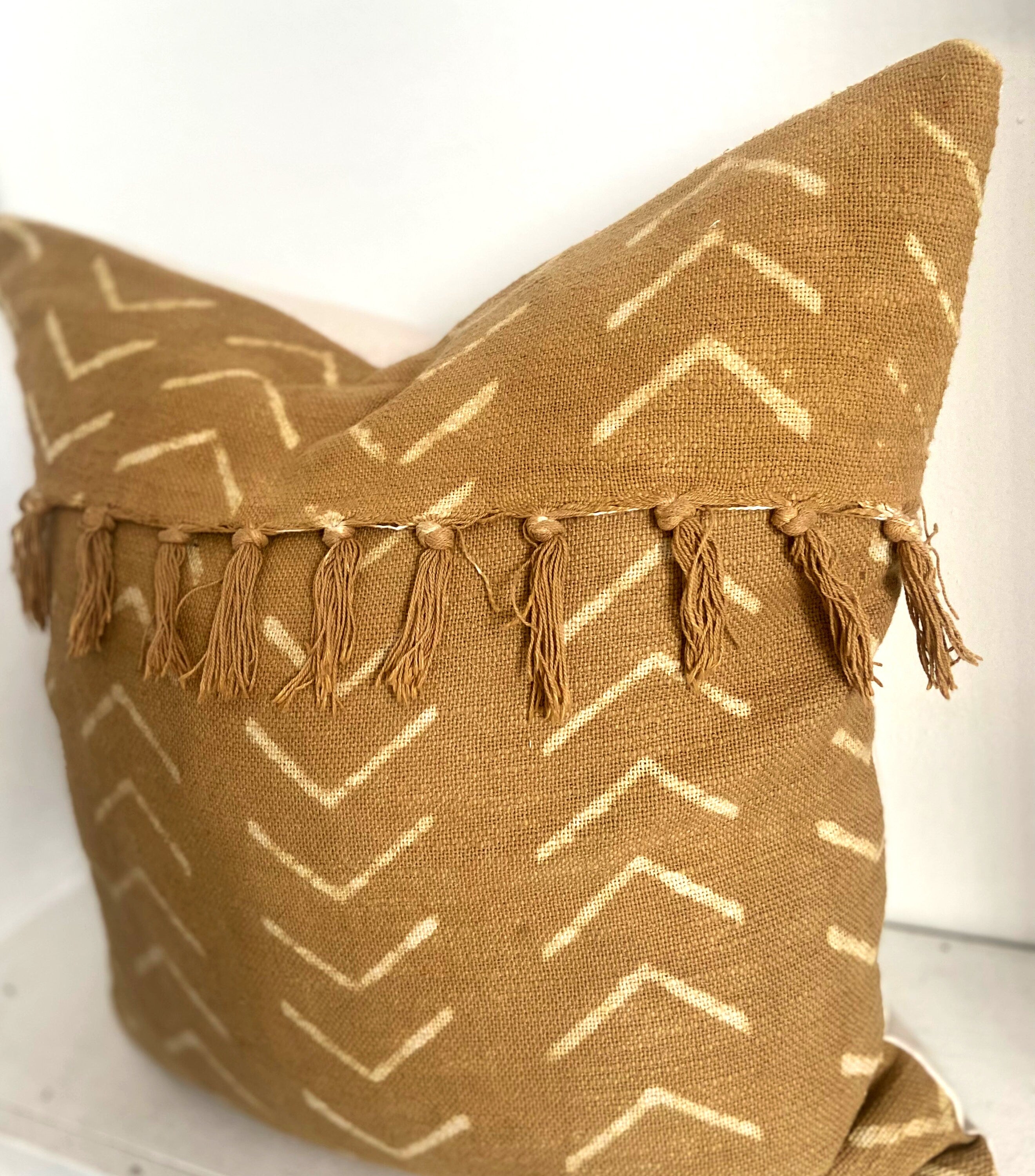 African Mudcloth Pillow Cover: Mustard Gold Cotton with Fringe