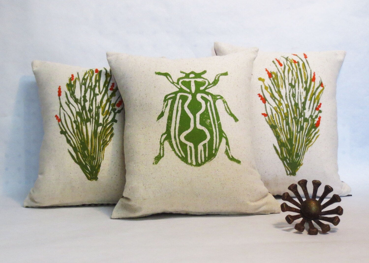 Hand Block Printed Beetle Insect Pillow / s Day Gift