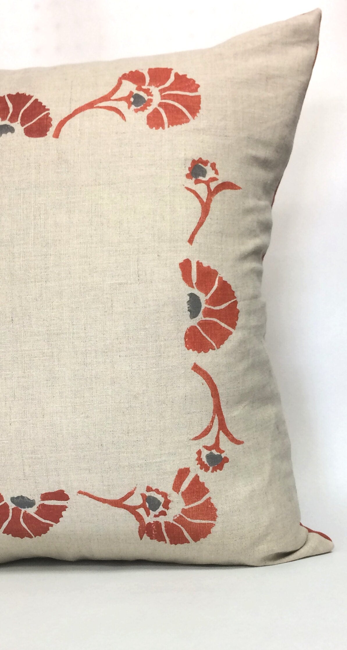 Floral Block Print Linen Pillow: Tuscan Orange & Grey Accent