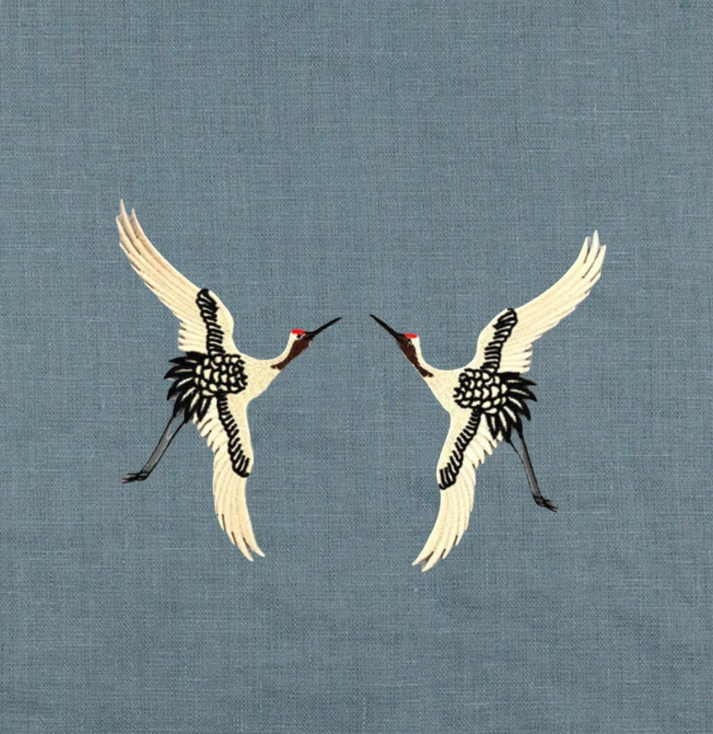 Embroidered Crane Linen Pillow: Caramel Brown, Black and Ivory Bird Applique
