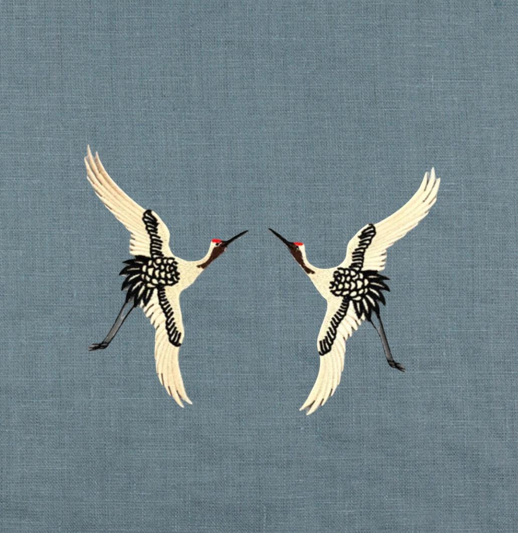 Embroidered Crane Linen Pillow: Caramel Brown, Black and Ivory Bird Applique