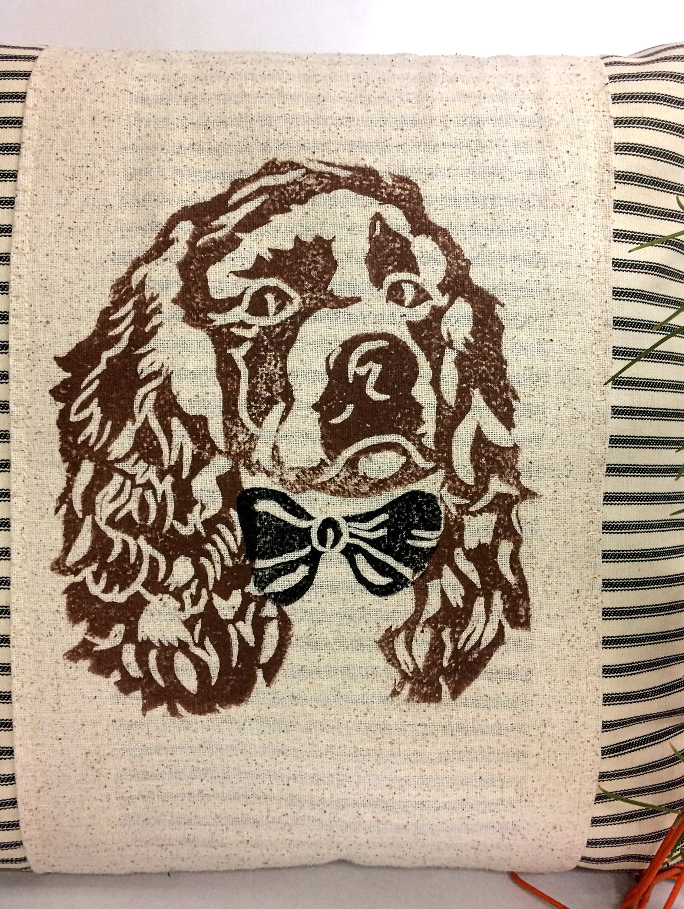 Hand Block Print Cocker Spaniel Pillow Cover: Ticking Stripe Accent Pillow