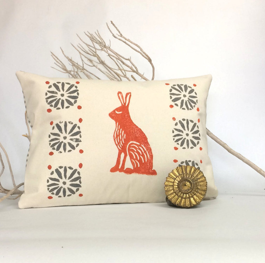 Orange Rabbit Print Kidney Pillow: Mid-Century Moroccan Decor