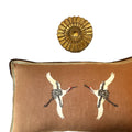 Embroidered Crane Linen Pillow: Caramel Brown, Black and Ivory Bird Applique