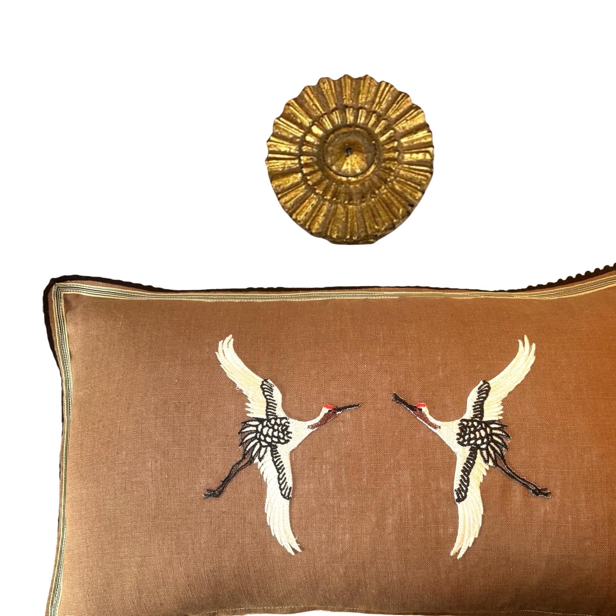 Embroidered Crane Linen Pillow: Caramel Brown, Black and Ivory Bird Applique