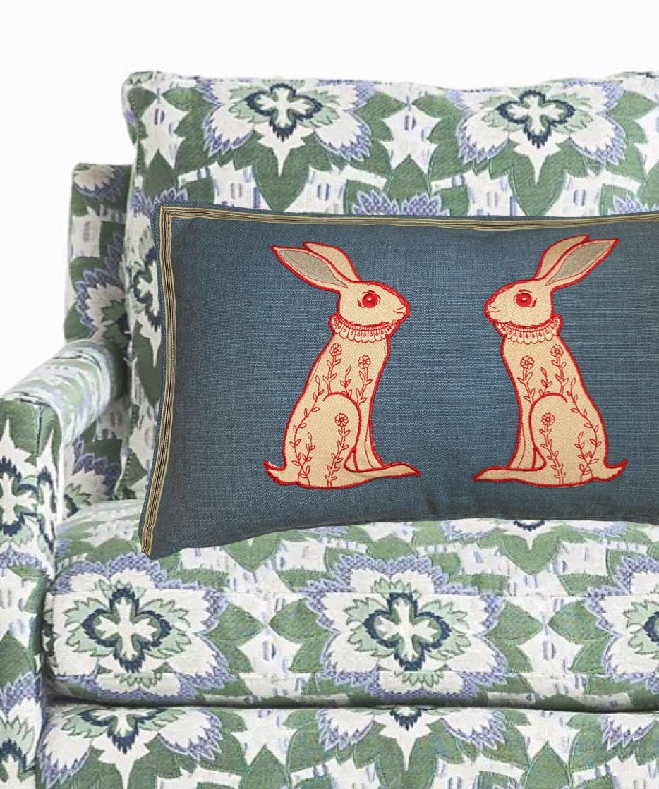 Rabbit Embroidery Pillow: Whimsical Teal Blue Fabric