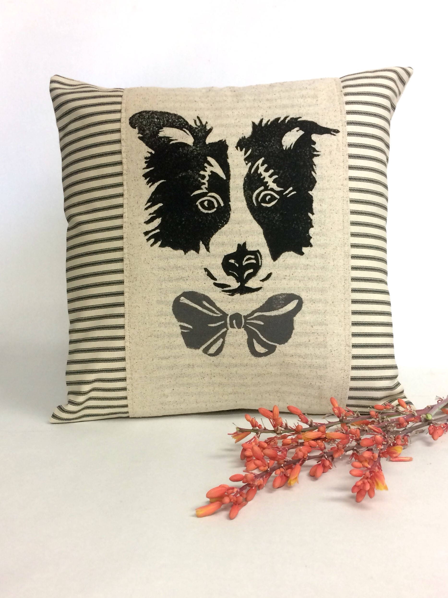 Border Collie Pillow Cover: Hand Block Print Dog Accent Pillow
