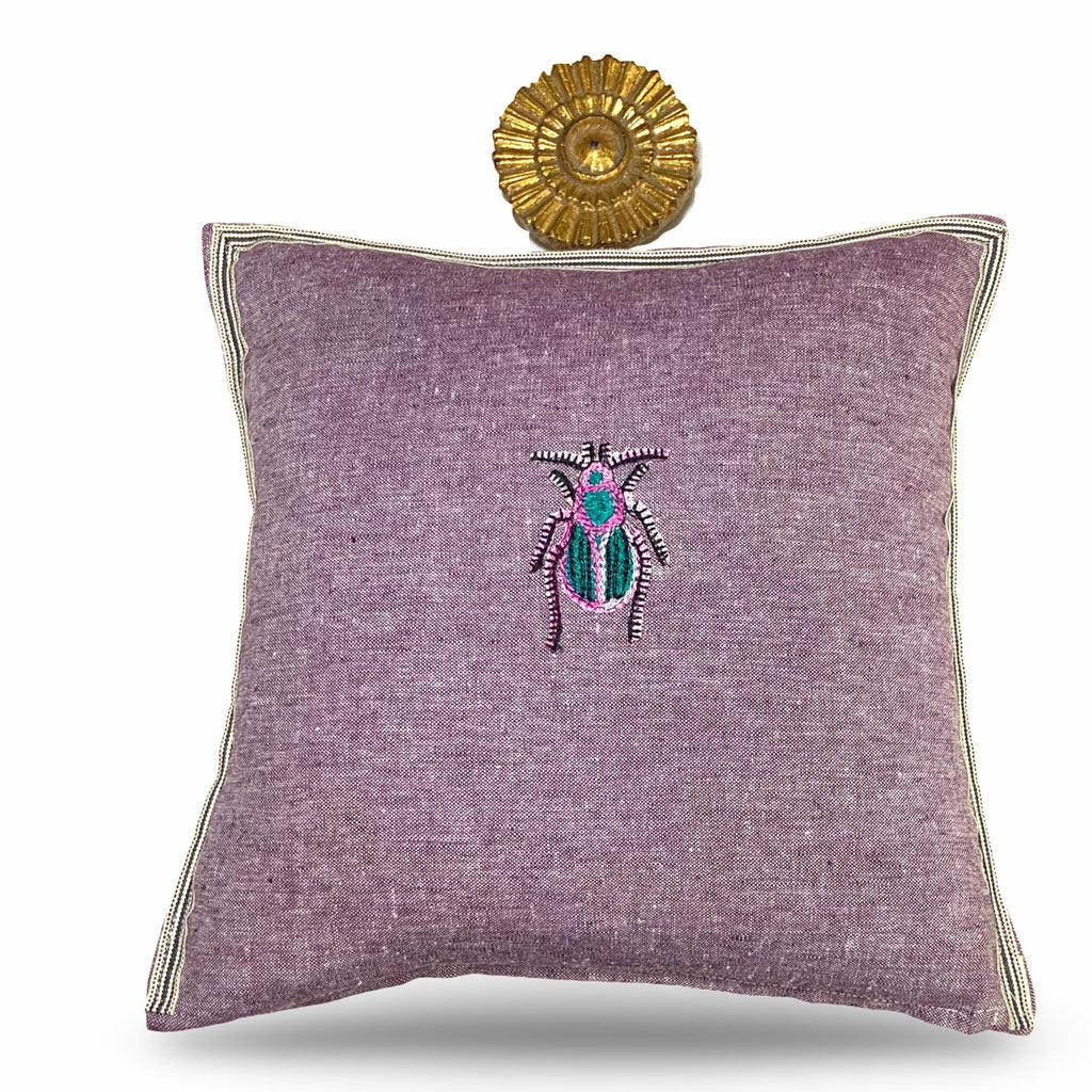 Lilac Linen Pillow – Beetle Bug Embroidery, Decorative Throw