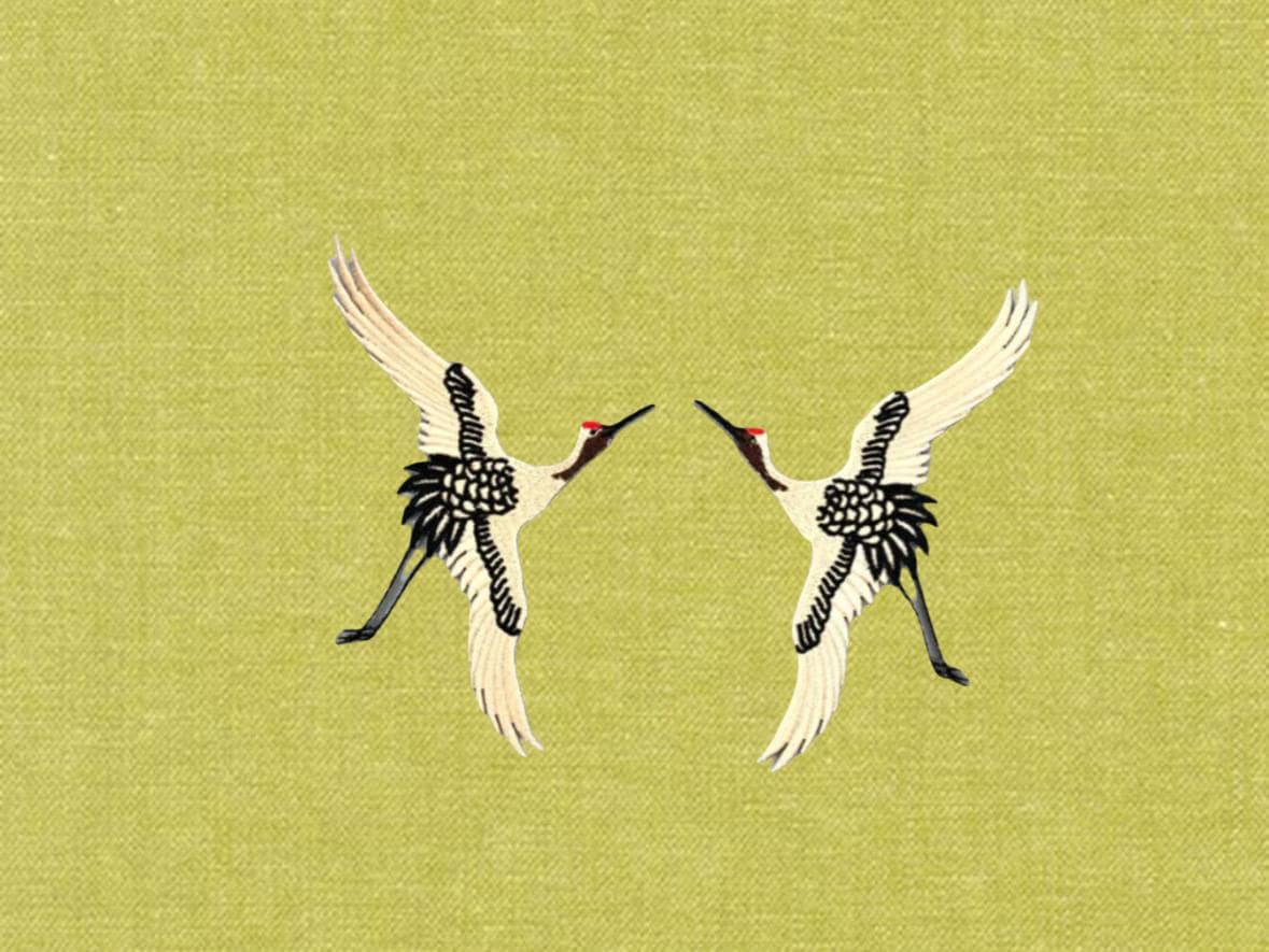 Embroidered Crane Linen Pillow: Caramel Brown, Black and Ivory Bird Applique