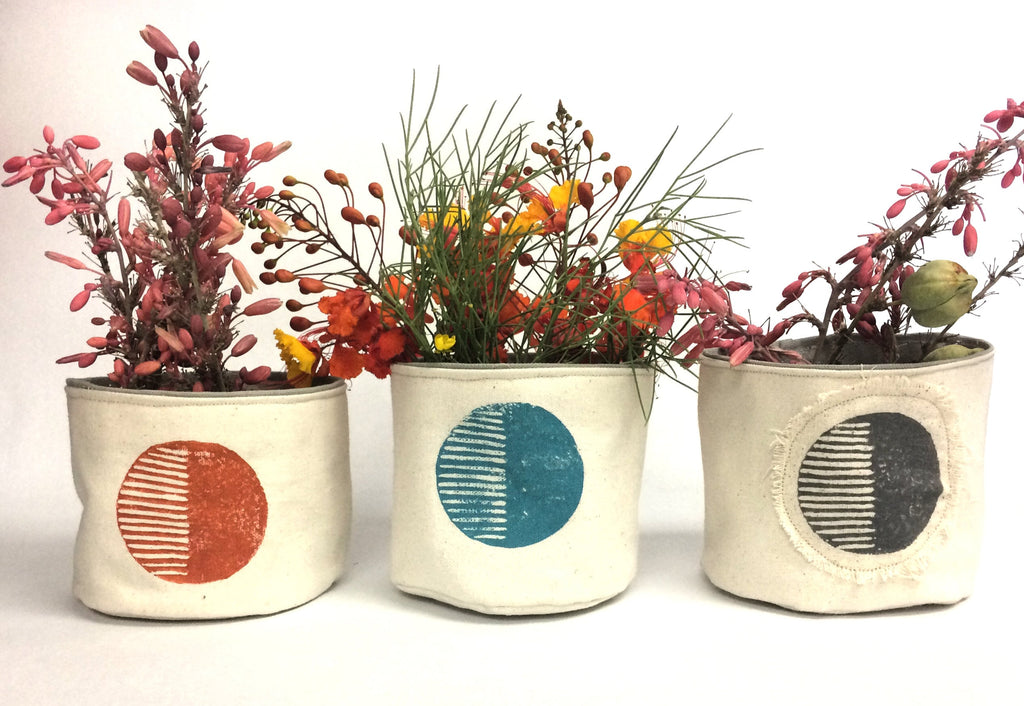 5” Circular Print Succulent / Plant Pot, Blockprinted Fabric Bucket
