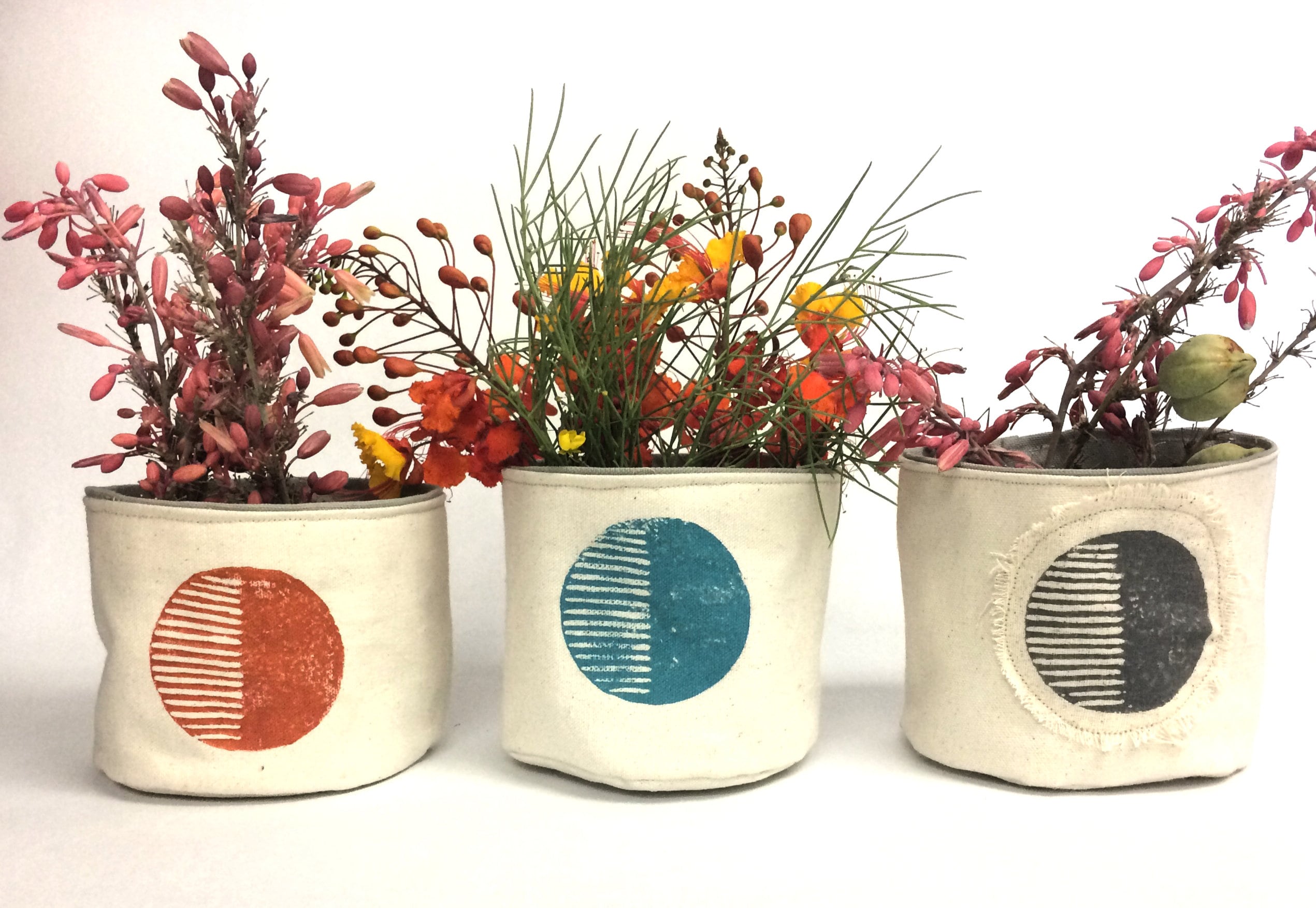 5” Circular Print Succulent / Plant Pot, Blockprinted Fabric Bucket