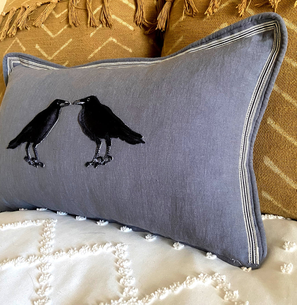 Slate Blue Embroidered Crow Raven Bird Linen Pillow
