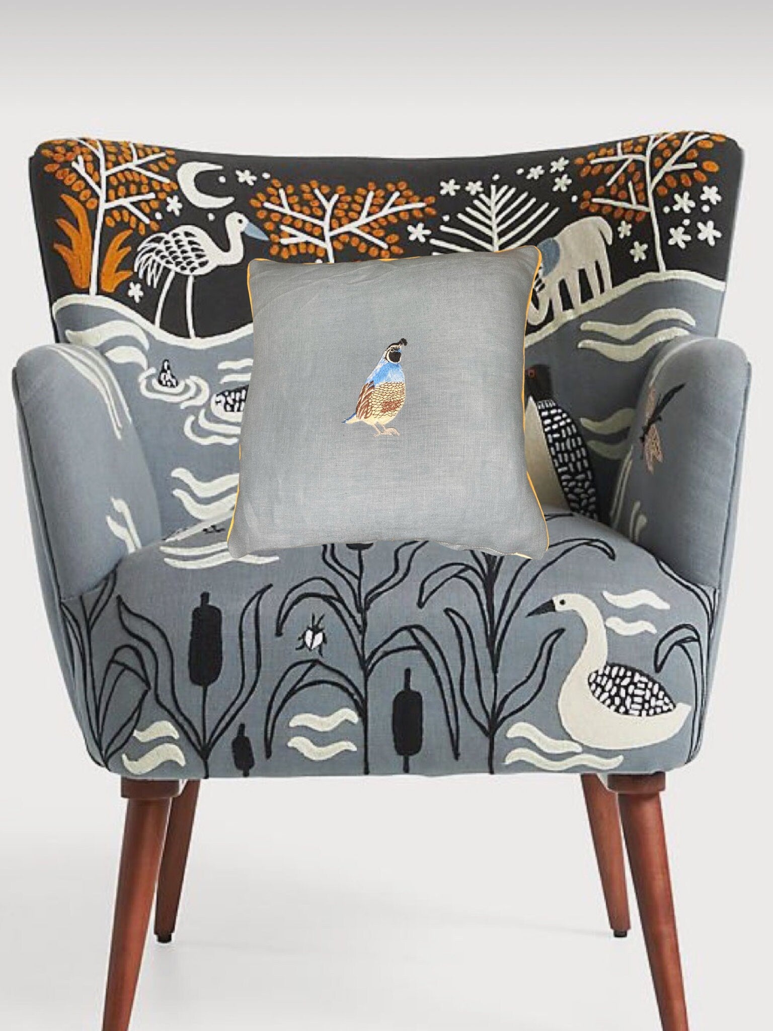Slate Blue Linen Pillow: Embroidered Quail Bird Decorative Pillow