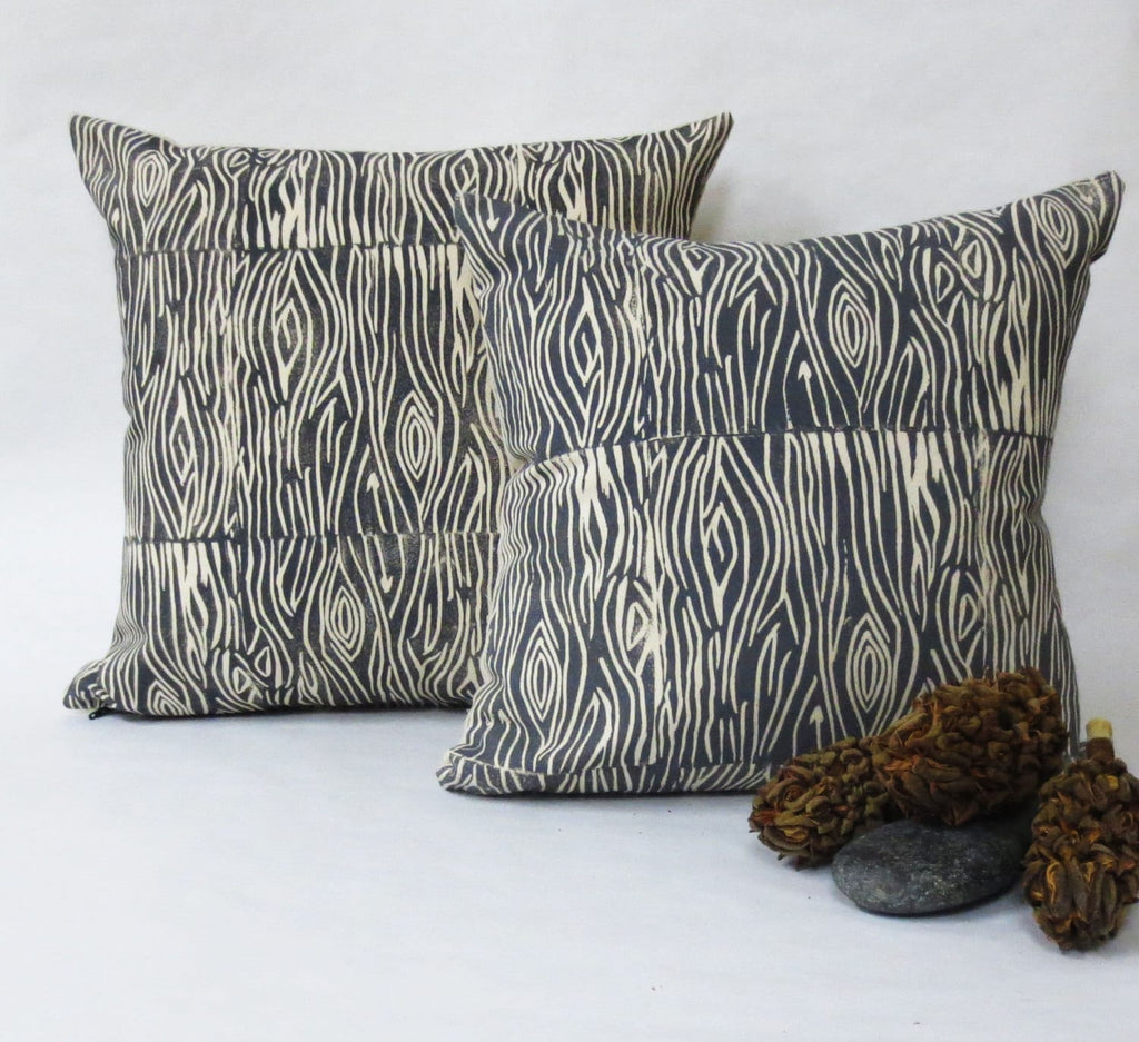 Hand Printed Wood Grain Pillow - Grey Wood Print - Woodland Collection