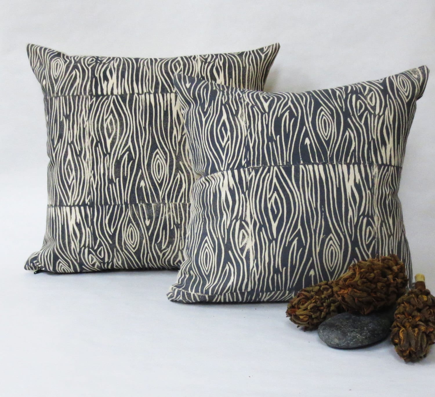 Hand Printed Wood Grain Pillow - Grey Wood Print - Woodland Collection