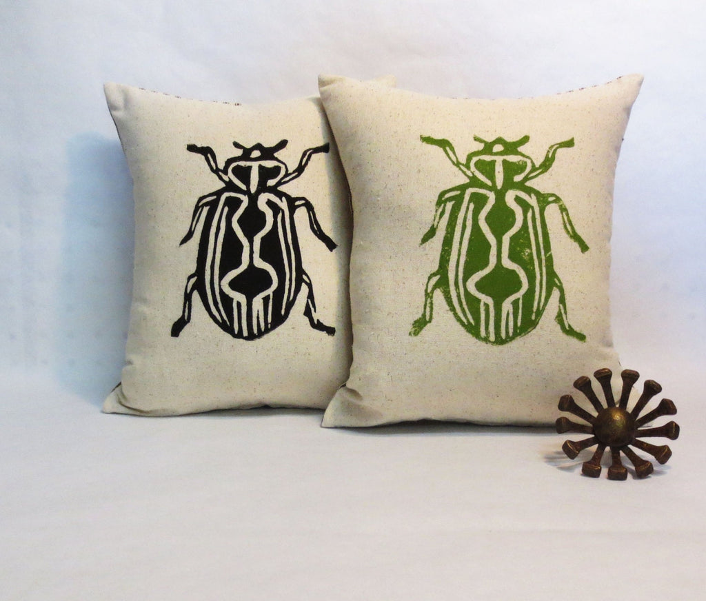 Hand Block Printed Beetle Insect Pillow / s Day Gift