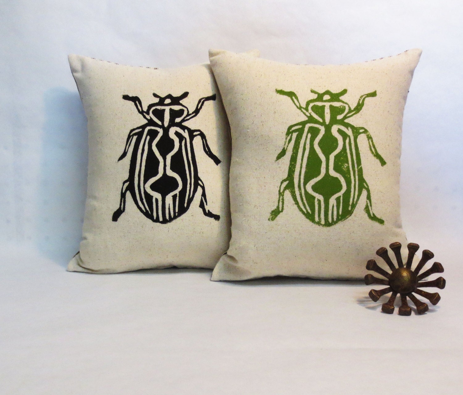 Hand Block Printed Beetle Insect Pillow / s Day Gift