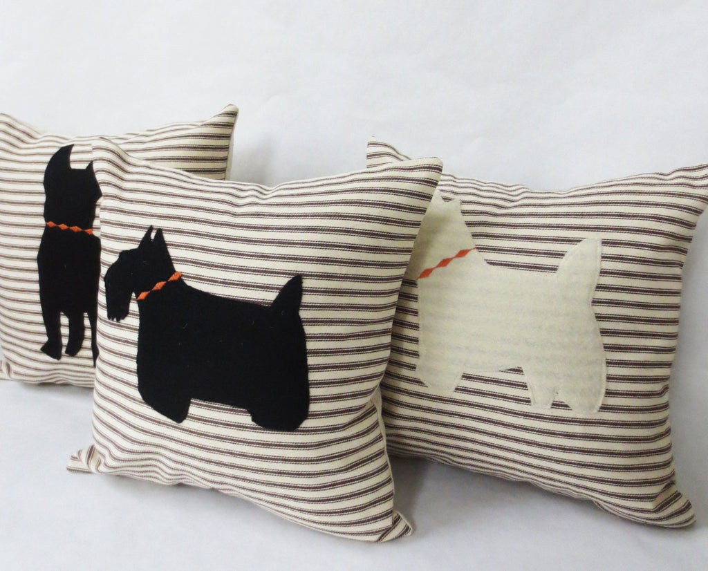 Ticking Stripe Pillow with Felt Dog Silhouette - Custom Breed