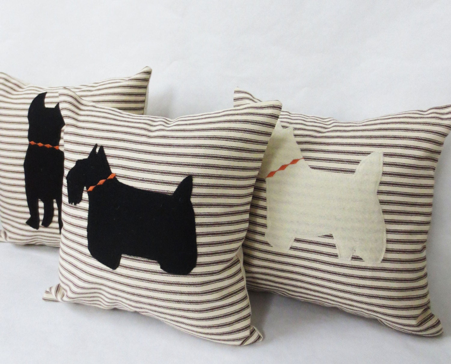 Ticking Stripe Pillow with Felt Dog Silhouette - Custom Breed