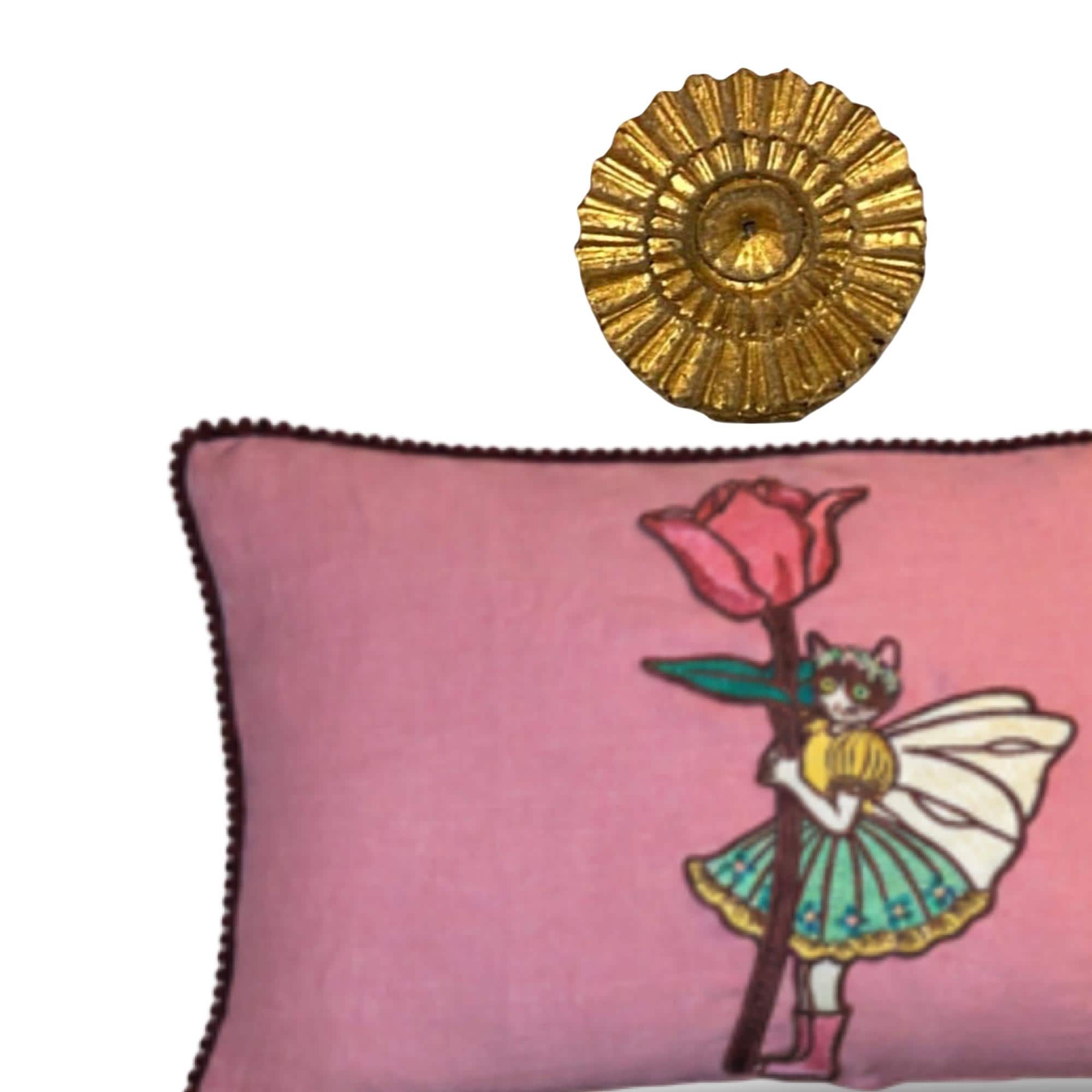 Embroidered Linen Cat Pillow – Whimsical Tulip Flower Design