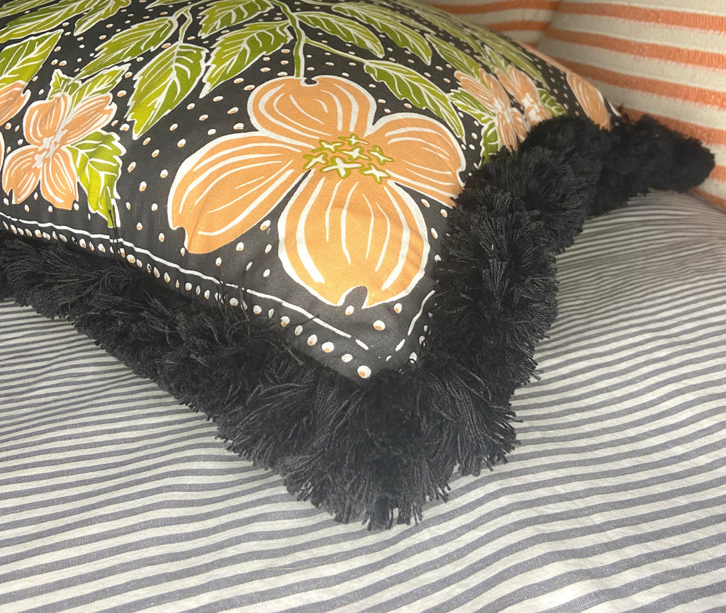 Floral Print Pillow: Black Cotton with Peach Flowers & Brush Fringe