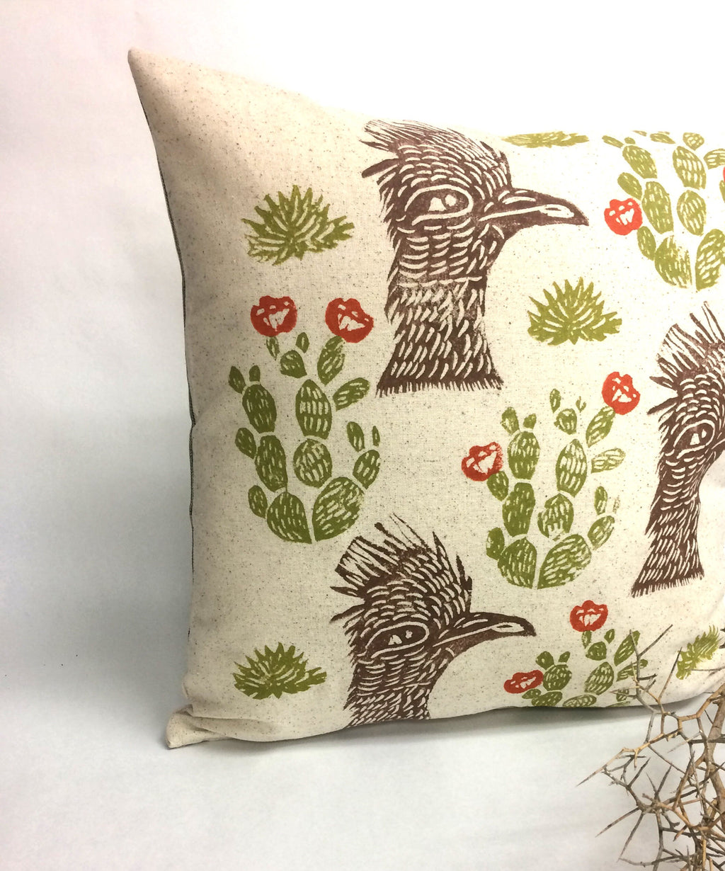 Roadrunner Cactus Print Pillow: Hand Block Printed Desert Decor