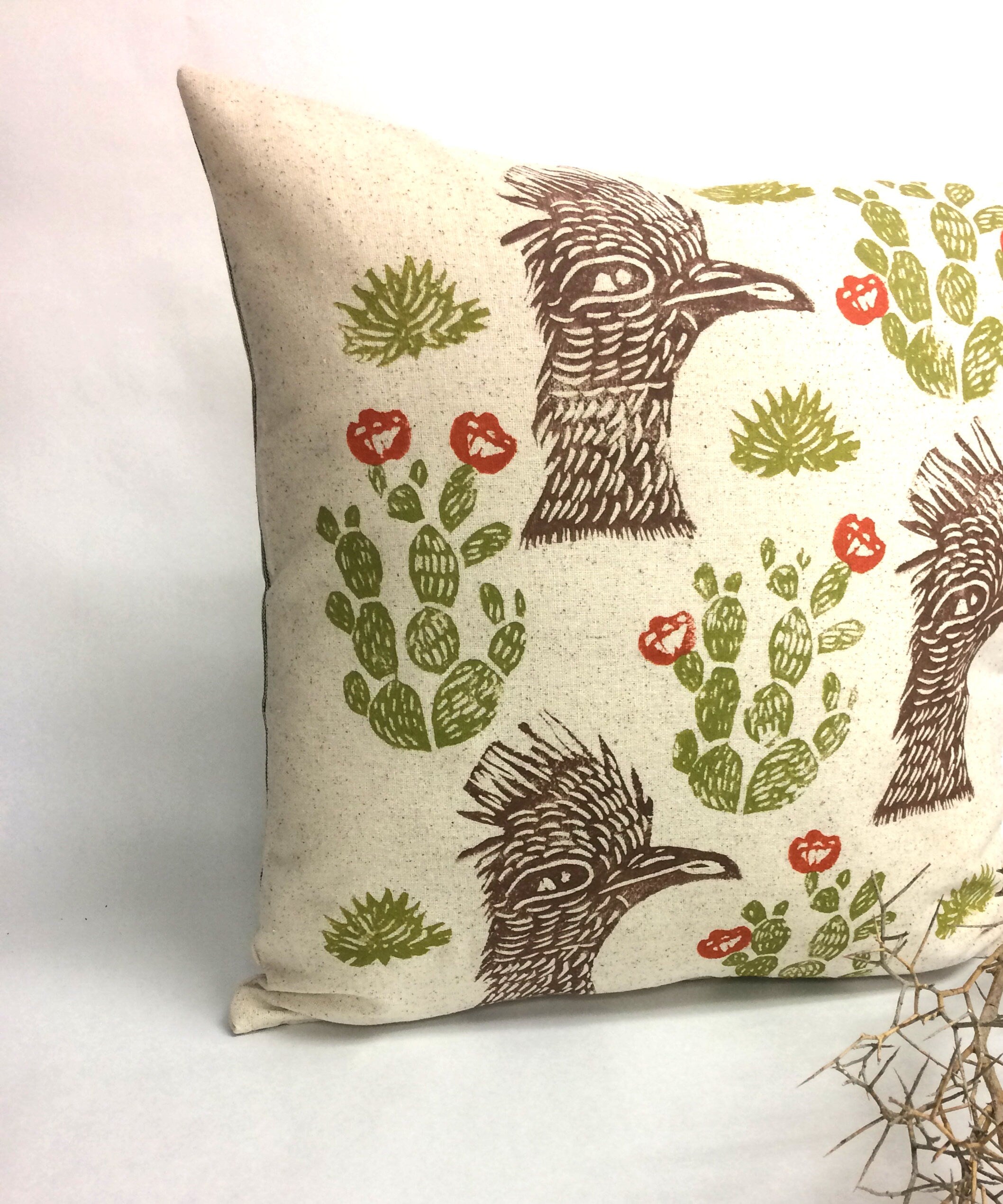 Roadrunner Cactus Print Pillow: Hand Block Printed Desert Decor
