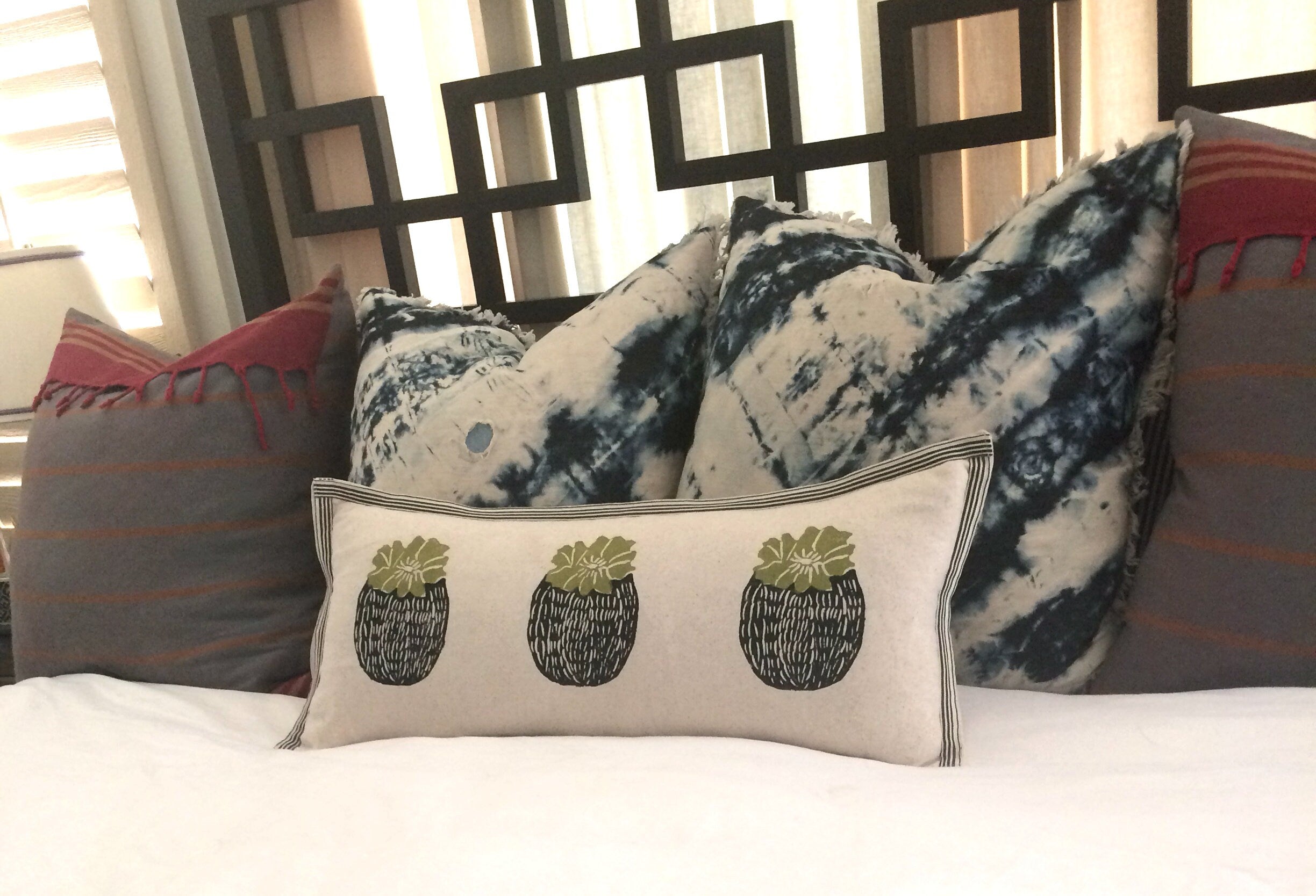 Barrel Cactus Print Kidney Pillow: Hand Block Printed Decorative Pillow