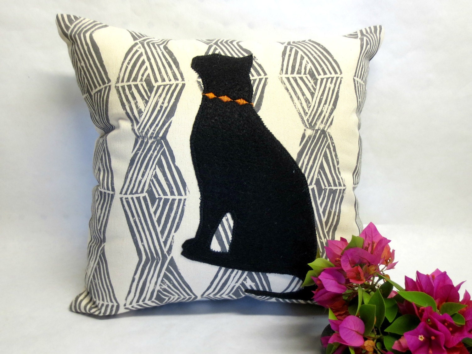 Hand Block Print Cat Pillow: Black Felt Silhouette, Modern Home Decor