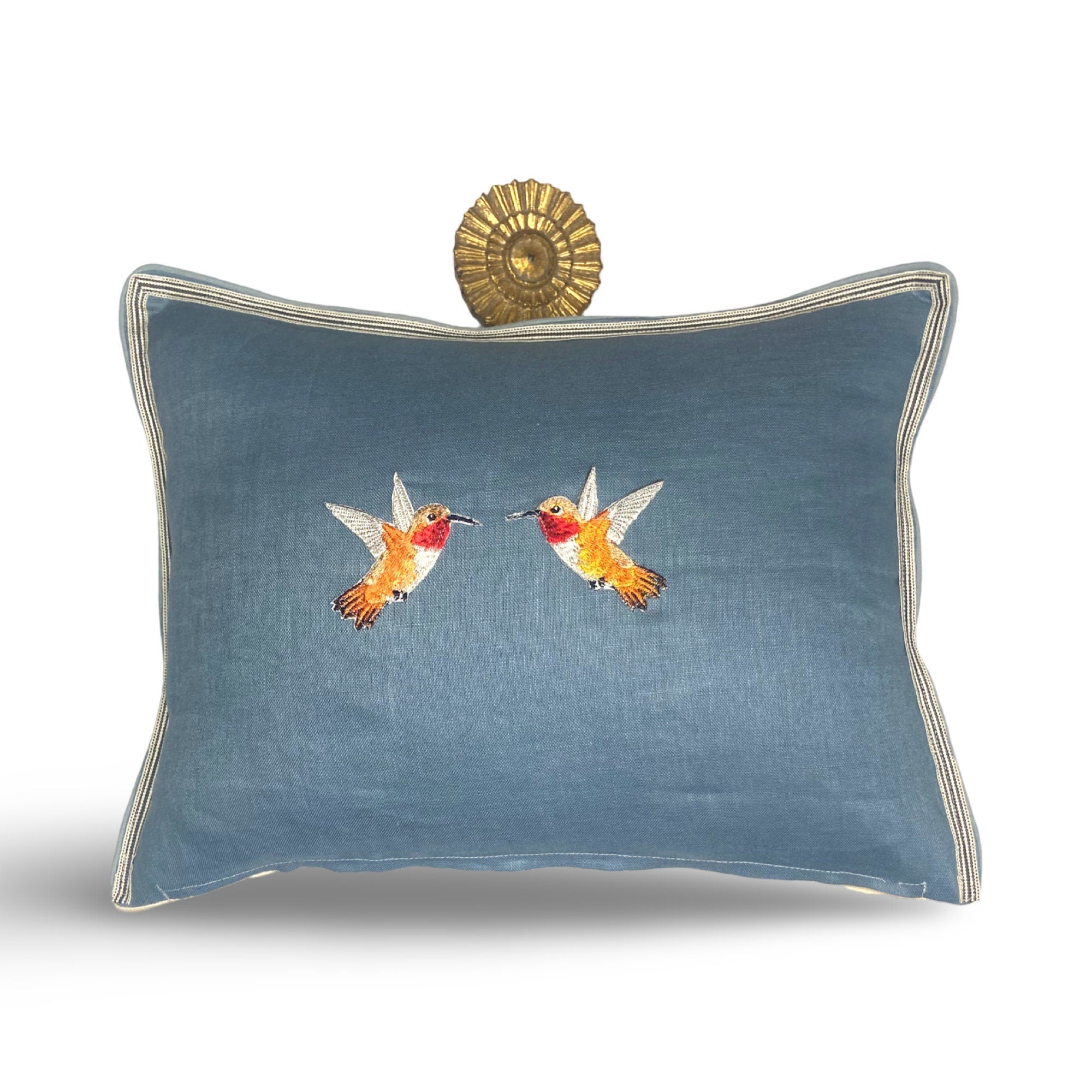Embroidered Hummingbird Linen Pillow: Slate Blue & Orange Bird Applique