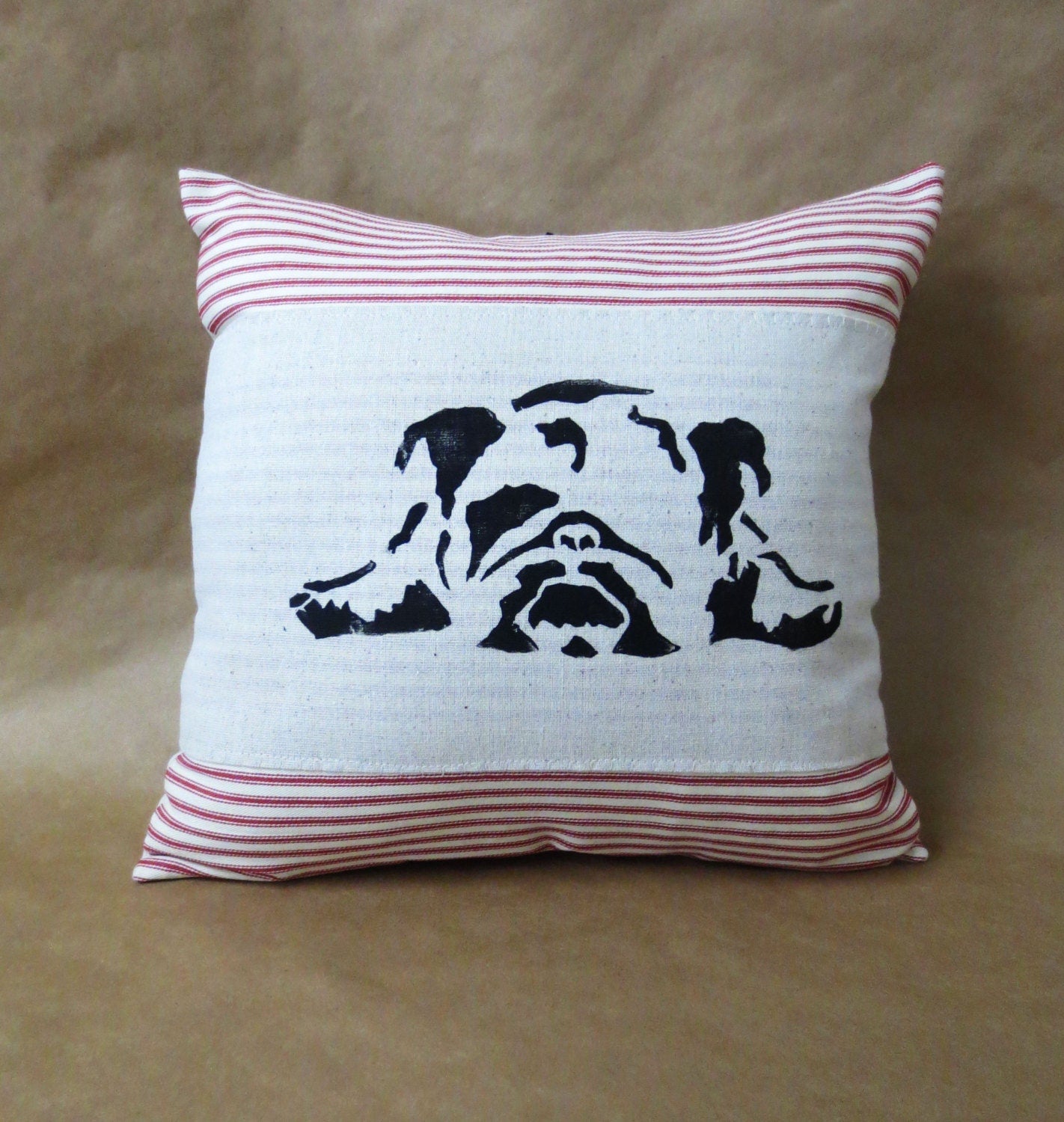 Hand Block Print English Bulldog Pillow: Ticking Stripe Throw Pillow